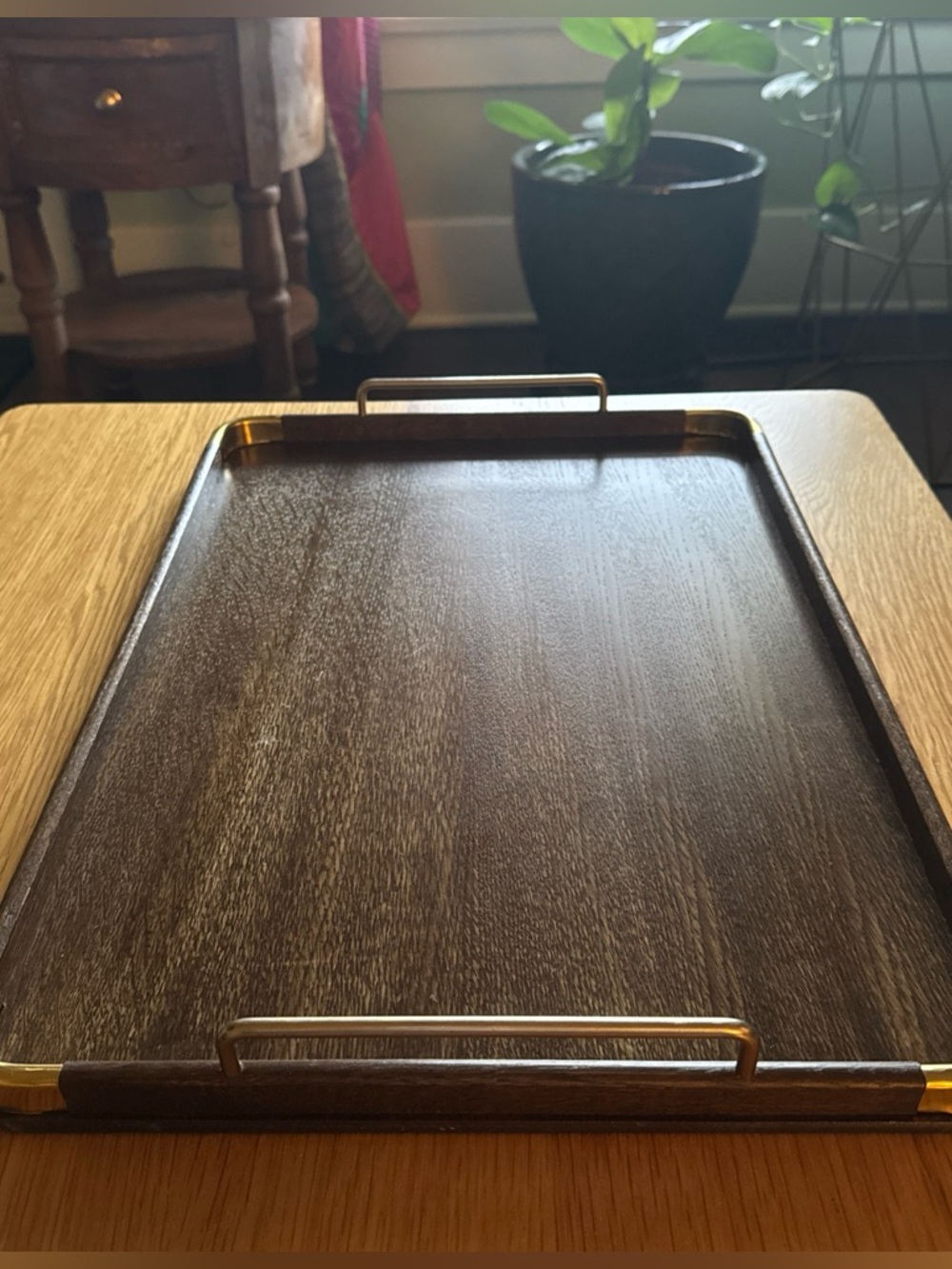 Vintage Retro Wood Serving Tray Dark Brown Wood Grain w Chrome Accents & Handles